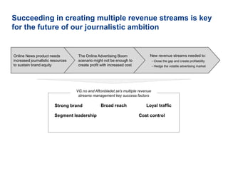 Succeeding in creating multiple revenue streams is key
for the future of our journalistic ambition
Online News product needs
increased journalistic resources
to sustain brand equity
The Online Advertising Boom
scenario might not be enough to
create profit with increased cost
New revenue streams needed to:
- Close the gap and create profitability
- Hedge the volatile advertising market
VG.no and Aftonbladet.se’s multiple revenue
streams management key success factors
Segment leadership
Broad reachStrong brand
Cost control
Loyal traffic
 