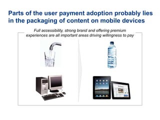 Parts of the user payment adoption probably lies
in the packaging of content on mobile devices
Full accessibility, strong brand and offering premium
experiences are all important areas driving willingness to pay
 