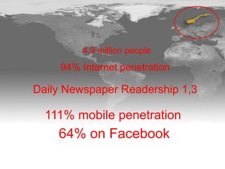 4,9 million people
94% Internet penetration
Daily Newspaper Readership 1,3
111% mobile penetration
64% on Facebook
 