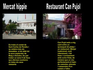 Mercat hippie Es troba al costat de Sant Carles de Peralta i se celebra tots els dissabtes, si bé obté tot la seva esplendor de Maig a Octubre. Es pot trobar un sens fi de llocs que oferixen exotismo en totes els seus vessants  Restaurant Can Pujol Can Pujol està a mig cami entre un quiosquet de platja i un restaurant. Menjar tradicional, molt interessant, i tot fresc i curiosament amb cuina Vista, de manera que un veu perfectament el trajín de cassoles, planxes i casseroles d'un costat a l'altre.  