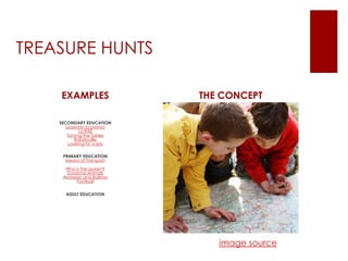 TREASURE HUNTSEXAMPLESSECONDARY EDUCATIONLeyendo la prensaLa RAETurning the tablesRatatouilleLooking for a jobPRIMARY EDUCATIONMeans of TransportWho is the queen?Savanna AnimalsAnorexia and BulimiaFootballADULT EDUCATIONTHE CONCEPTimage source