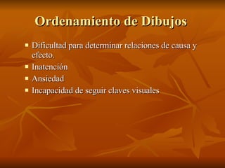 Ordenamiento de Dibujos  Dificultad para determinar relaciones de causa y efecto. Inatención  Ansiedad Incapacidad de seguir claves visuales  