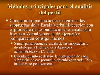 Métodos principales para el análisis del perfil Comparar las puntuaciones a escala en las subpruebas de la Escala Verbal/ Ejecución con el promedio de las puntuaciones a escala para la escala Verbal y para la de Ejecución: (comparación consigo mismo) Sumar puntuaciones a escala de las subpruebas y dividirlo por el número de subpruebas administradas en EV y EE Calcular cuanto se desvió  la puntuación de cada subprueba de ese promedio obtenido par cada EV y la de EE, respectivamente.  