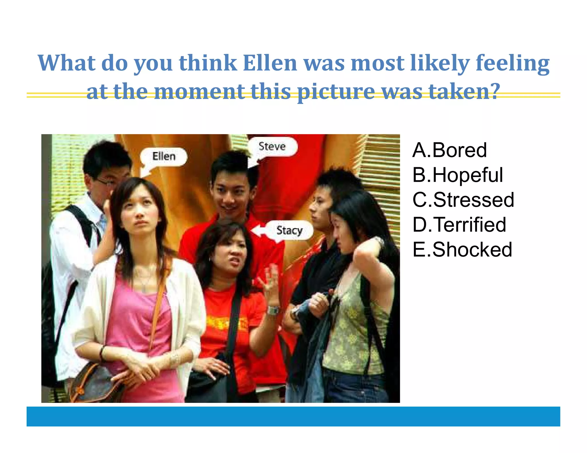 What do you think Ellen was most likely feeling
at the moment this picture was taken?
A.Bored
B.Hopeful
C.Stressed
D.Terrified
E.Shocked
 
