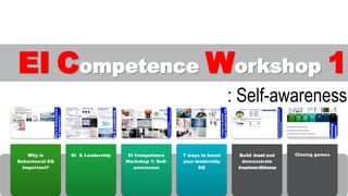 Why is
Behavioural EQ
Important?
EI & Leadership EI Competence
Workshop 1: Self-
awareness
7 ways to boost
your leadership
EQ
Build trust and
demonstrate
trustworthiness
Closing games
EI Competence Workshop 1
: Self-awareness
 