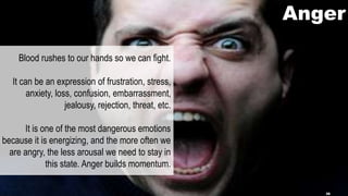 Anger
Blood rushes to our hands so we can fight.
It can be an expression of frustration, stress,
anxiety, loss, confusion, embarrassment,
jealousy, rejection, threat, etc.
It is one of the most dangerous emotions
because it is energizing, and the more often we
are angry, the less arousal we need to stay in
this state. Anger builds momentum.
36
 