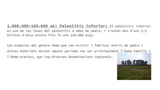 1.000.000-100.000 aC: Paleolític inferior: El paleolític inferior
és una de les fases del paleolític o edat de pedra, i s'estén des d'uns 2,5
milions d'anys enrere fins fa uns 120.000 anys.
Les espècies del gènere Homo que van existir i fabricar estris de pedra i
altres materials durant aquest període van ser principalment l'Homo habilis i
l'Homo erectus, que rep diverses denominacions regionals.
 