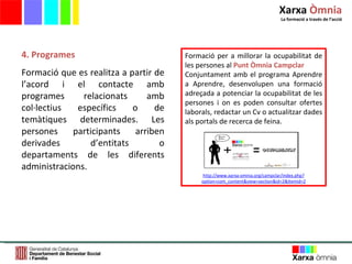 4. Programes Formació que es realitza a partir de l ’ acord i el contacte amb programes relacionats amb col·lectius específics o de temàtiques determinades. Les persones participants arriben derivades d ’ entitats o departaments de les diferents administracions.  Formació per a millorar la ocupabilitat de les persones al   Punt Òmnia Campclar Conjuntament amb el programa Aprendre a Aprendre, desenvolupen una formació adreçada a potenciar la ocupabilitat de les persones i on es poden consultar ofertes laborals, redactar un Cv o actualitzar dades als portals de recerca de feina.  http://www.xarxa-omnia.org/campclar/index.php?option=com_content&view=section&id=2&Itemid=2 Xarxa  Òmnia La formació a través de l ’ acció 