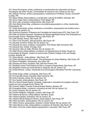 161; Diana Domingues; artista, professora e coordenadora do Laboratório de Novas
Tecnologias nas Artes Visuais, Universidade de Caxias do Sul; Caxias do Sul; RS
162; Didonet Thomaz; artista e pesquisadora, mestranda em Poéticas Visuais, ECA/USP;
Curitiba; PR
163; Dilson Midlej; Artista plástico e coordenador cultural da ACBEU; Salvador; BA
164; Dione Veiga Vieira; artista plástica; Porto Alegre; RS
165; Dora Leão; produtora independente; São Paulo; SP
166; Dora Maria Dutra May; professora universitária,pesquisadora e crítica; doutoranda;
Florianópolis; SC
167; Duaia Assumpção; artista, professora universitária, pesquisadora da temática arte e
ciência; Rio de Janeiro; RJ.
168; Dulcimira Capisani; Professora da Faculdade de ArtesVisuais-UFG; São Paulo; SP
169; Edith de Oliveira Azevedo; Assistente de Responsabilidade Social, Pós-Graduada em
Comunicação Social - Relações Públicas; São Paulo; SP
170; Edith Derdyk; Artista; São Paulo; SP
171; Edna Yumi Onodera; arte-educadora; São Paulo; SP
172; Eduardo Coimbra; Artista; Rio de Janeiro; RJ
173; Eduardo de Jesus; professor universitário, PUC Minas; Belo Horizonte; MG
174; Eduardo Kac; Artista; Chicago; EUA
175; Eduardo Villar do Valle; AR-tista; Rio de Janeiro; RJ
176; Elder Rocha; Artista plástico e professor do Departamento de Artes Visuais da
Universidade de Brasília, mestre em pintura pelo Chelsea College of Art and Design,
Londres; Brasília; DF
177; Eliana Bordin ; artita plástica ; São Paulo; SP
178; Eliana Del Bianco Aquino Alves ; Pós-graduanda em Artes Plásticas; São Paulo; SP
179; Eliana Finkelstein; Empresaria; Sao paulo; SP
180; Eliceane de Sena; escultora; São José dos Pinhais; PR
181; Elisabeth Leone; Prof.História da Arte e curadora independente; São Paulo; SP
182; Elizabeth Cristina da Costa Monteiro; fotógrafa; Rio de Janeiro; RJ
183; Emilia Richard ; artista, mestranda da Comunicação e Semiótica PUC/SP; Campinas;
SP
184; Emilie Sugai; artista, coreógrafa; São Paulo; SP
185; Emmanuelle Grossi; Arquiteta; Belo Horizonte; MG
186; Erika Fraenkel; artista; Rio de Janeiro; RJ
187; Eva Castiel; artista plástica; São Paulo; SP
188; Eva Vilma Pessôa Duarte; jornalista, origamista e consultora em projetos culturais,
mestre em Comunicação Rural; Olinda; PE
189; Evandro Salles; Produtor Cultural-Artista Plástico; Brasília; DF
190; Evangelina Seiler; curadora e consultora de arte; Rio de Janeiro; RJ
191; Evany Cardoso; Rio de Janeiro; RJ
192; Everton Ballardin; fotógrafo, curador; São Paulo; SP
193; Fabiana de Barros; artista plástica; Genebra; Suíça
194; Fabiana Egrejas; ilustradora; Rio de Janeiro; RJ
195; Fabiano Neves Marques Pereira; artista plástico; São Paulo; SP
196; Fábio Carvalho; artista plástico; Rio de Janeiro; RJ
197; Fábio Ferreira; pesquisador, produtor e diretor teatral; Rio de Janeiro; RJ
198; Fabio Moreira Leite; artista plástico e professor de filosofia; São Paulo; SP
199; Fábio Tremonte; artista plástico,pesquisador e educador; São Paulo; SP
                                                                                           45
 