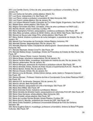 355; Luiz Camillo Osorio; Crítico de arte, pesquisador e professor universitário; Rio de
Janeiro; RJ
356; Luiz Carlos de Carvalho; artista plástico; Niterói; RJ
357; Luiz Duva; videoartista e Vj; São Paulo; SP
358; Luiz Flávio; artista e professor universitário M; Belo Horizonte; MG
359; Luiz Pizarro; artista plástico; Rio de Janeiro; RJ
360; Luiz Urbano Moreira Frazão; Consultor de TI e Video Digital, Engenheiro; Sao Paulo; SP
361; Madali Rosa; artista plástica; São Paulo; SP
362; Magno Fernandes dos Reis; Jornalista, crítico de arte e professor na FASF-LUZ; ;
363; Mainês Olivetti; artista multimídia; Curitiba; PR
364; Maíra Spanghero Ferreira; pesquisadora, curadora e professora; São Paulo; SP
365; Malu Maia; jornalista, editora do SESC Online, site do SESC São Paulo; São Paulo; SP
366; Manoel de Souza Leão Veiga Filho; artista plástico; São Paulo; SP
367; Manu Sobral; diretora e produtora de curta metragem, e assistente de direção; Rio de
Janeiro; RJ
368; Marcel Cruz Fernandes da Conceição; Artista Plástico; Antonina; PR
369; Marcello Dantas; Magnetoscópio; Rio de Janeiro; RJ
370; Marcello Wykrota Tostes; Estudante de arte/Guignard - Desenvolvedor Web; Belo
Horizonte; MG
371; Marcelo Machado; Diretor Cine/TV; São Paulo; SP
372; Marcelo Mattos Araújo; museólogo, Diretor da Pinacoteca do Estado de São Paulo; São
Paulo; SP
373; Marcelo Yassuo Ohara; musico; Genebra; Suíça
374; Márcia Braga; arquiteta e restauradora; Rio de Janeiro; RJ
375; Marcia Ferreira Netto; museóloga, licenciada em história da arte; Rio de Janeiro; RJ
376; Marcia Lahtermaher; Rio de Janeiro; RJ
377; Márcia Marques; assessora de imprensa e produtora cultural; São Paulo; SP
378; Márcio Almeida; Artista, Núcleo de Artes Visuais e Experimentos N.A.V.E ; Recife; PE
379; Márcio Botner; Artista; Rio de Janeiro; RJ
380; Marcos Chaves; Artista; Rio de Janeiro; RJ
381; Marcos Lima de Moraes ; Artista Cênico (dança, canto, teatro) e Terapeuta Corporal ;
São Paulo; SP
382; Marcos Moraes ; Professor História da Arte e Coordenador Curso Artes Plásticas FAAP ;
São Paulo; SP
383; Marcos P.S. de Almeida; Designer; Rio de Janeiro; RJ
384; Marcos Venuto; Belo Horizonte; MG
385; Marcus Bastos; pesquisador em arte e tecnologia; São Paulo; SP
386; Maria Alice Milliet; São Paulo; SP
387; Maria Antonieta Flores; tradutora e professora; México;
388; Maria Cândida de Almeida Castro; pesquisadora em arte/mídia PUC-SP; São Paulo; SP
389; Maria Clara Sampaio; artista plástica; Belo Horizonte; MG
390; Maria Cristaldi; artísta plástica; São Paulo; SP
391; Maria de Lourdes Gomes Borges; Artista Plastica; Curitiba; PR
392; Maria Dora G. Mourão; professora de cinema da USP; São Paulo; SP
393; Maria Emilia Sardelich; professora Universidade Estadual de Feira de Santana;
Salvador; BA
394; Maria Eugênia Saturni; museóloga, professora universitária, diretora da Base7 Projetos
Culturais; São Paulo; SP
                                                                                        50
 