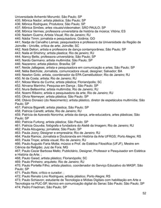Universidade Anhembi Morumbi; São Paulo; SP
435; Mônica Nador; artista plástica; São Paulo; SP
436; Mônica Rodrigues; Produtora; São Paulo; SP
437; Mônica Simões; artes visuais/videomaker; SÃO PAULO; SP
438; Mónica Vermes; professora universitária de história da música; Vitória; ES
439; Nadam Guerra; Artista Visual; Rio de Janeiro; RJ
440; Nádia Timm; jornalista e pesquisadora; Goiânia; GO
441; Nadja de Carvalho Lamas; pesquisadora e professora da Universidade da Região de
Joinville - Univille, crítica de arte; Joinville; SC
442; Naiá Delion; artista e professora de dança contamporânea; São Paulo; SP
443; Naila el Shishiny; artista plastica; Rio de janeiro; RJ
444; Nancy Betts; professora universitária; São Paulo; SP
445; Nardo Germano; artista multimídia; São Paulo; SP
446; Nazareno; artista plástico; Brasília; DF
447; Neide Jallageas; artista e pesquisadora em comunicação e artes; São Paulo; SP
448; Nélia Belchote; Jornalista, comunicadora visual, designer; Salvador; BA
449; Newton Goto; artista, coordenador da EPA Camelôutdoor; Rio de Janeiro; RJ
450; Ni da Costa; artista; Rio de Janeiro; RJ
451; Nilcea Maria da Cunha; artista plástica; Florianópolis; SC
452; Nirvana Marinho; Pesquisa em Dança ; São Paulo; SP
453; Niura Bellavinha; artista multimídia; Rio de Janeiro; RJ
454; Noemi Ribeiro; artista e pesquisadora da arte; Rio de Janeiro; RJ
455; Olivia Niemeyer; artista plástica; São Paulo; SP
456; Otávio Donasci (do Nascimento); artista plástico, diretor de espetáculos multimídia; São
Paulo; SP
457; Patricia Bigarelli; artista plastica; São Paulo; SP
458; Patricia Canetti; artista; Rio de Janeiro; RJ
459; Patrícia de Azevedo Noronha; artista da dança, arte-educadora, artes plásticas; São
Paulo; SP
460; Patricia Furlong; artista plástica; São Paulo; SP
461; Patricia Gouvêa; fotógrafa e fundadora do Ateliê da Imagem; Rio de Janeiro; RJ
462; Paula Alzugaray; jornalista; São Paulo; SP
463; Paula Joory; Designer e empresária; Rio de Janeiro; RJ
464; Paula Ramos; Jornalista e Doutoranda em História da Arte UFRGS; Porto Alegre; RS
465; Paula Trope; artista visual; Rio de Janeiro; RJ
466; Paulo Augusto Faria Motta; músico e Prof. de Estética Filosófica (UFJF), Mestre em
Ciência da Religião; Juiz de Fora; MG
467; Paulo Cezar Barbosa Mello; Publicitário, Designer, Professor e Pesquisador em Estética
e História da Arte; ;
468; Paulo Gaiad; artista plástico; Florianópolis; SC
469; Paulo Pinheiro; arquiteto; Rio de Janeiro; RJ
470; Paulo Portella Filho; artista plastico, coordenador do Serviço Educativo do MASP; São
Paulo; SP
471; Paulo Reis; crítico e curador; ;
472; Paulo Renato Lino Rodrigues; artista plástico; Porto Alegre; RS
473; Paulo Schiavon; estudante de Tecnologia e Mídias Digitais com habilitação em Arte e
Tecnologia na PUC-SP, técnico em comunicação digital do Senac São Paulo; São Paulo; SP
474; Pedro Friedman; São Paulo; SP
                                                                                          52
 