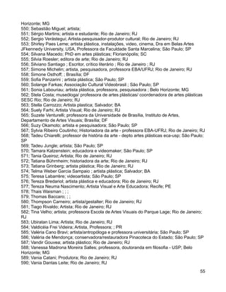 Horizonte; MG
550; Sebastião Miguel; artista;
551; Sérgio Martins; artista e estudante; Rio de Janeiro; RJ
552; Sergio Verástegui; Artista-pesquisador-produtor cultural; Rio de Janeiro; RJ
553; Shirley Paes Leme; artista plástica, instalações, video, cinema, Dra em Belas Artes
JFkennedy University, USA, Professora da Faculdade Santa Marcelina; São Paulo; SP
554; Silvana Macedo; PhD em artes plásticas; Florianópolis; SC
555; Silvia Roesler; editora de arte; Rio de Janeiro; RJ
556; Silviano Santiago ; Escritor, crítico literário ; Rio de Janeiro ; RJ
557; Simone Michelin; artista, pesquisadora, professora EBA/UFRJ; Rio de Janeiro; RJ
558; Simone Osthoff; ; Brasília; DF
559; Sofia Panzarini ; artista plástica; São Paulo; SP
560; Solange Farkas; Associação Cultural Videobrasil ; São Paulo; SP
561; Sonia Labouriau; artista plástica, professora, pesquisadora ; Belo Horizonte; MG
562; Stela Costa; museóloga/ professora de artes plásticas/ coordenadora de artes plásticas
SESC Rio; Rio de Janeiro; RJ
563; Stella Carrozzo; Artista plastica; Salvador; BA
564; Suely Farhi; Artista Visual; Rio de Janeiro; RJ
565; Suzete Venturelli; professora da Universidade de Brasília, Instituto de Artes,
Departamento de Artes Visuais; Brasília; DF
566; Suzy Okamoto; artista e pesquisadora; São Paulo; SP
567; Sylvia Ribeiro Coutinho; Historiadora da arte - professora EBA-UFRJ; Rio de Janeiro; RJ
568; Tadeu Chiarelli; professor de história da arte - depto artes plásticas eca-usp; São Paulo;
SP
569; Tadeu Jungle; artista; São Paulo; SP
570; Tamara Katzenstein; educadora e videomaker; São Paulo; SP
571; Tania Queiroz; Artista; Rio de Janeiro; RJ
572; Tatiana Bührnheim; historiadora da arte; Rio de Janeiro; RJ
573; Tatiana Grinberg; artista plástica; Rio de Janeiro; RJ
574; Telma Weber Garcia Sampaio ; artista plástica; Salvador; BA
575; Teresa Labarrère; videoartista; São Paulo; SP
576; Tereza Bredariol; artista plástica e educadora; Rio de Janeiro; RJ
577; Tereza Neuma Nascimento; Artista Visual e Arte Educadora; Recife; PE
578; Thais Waisman ; ; ;
579; Thomas Baccaro; ; ;
580; Thompson Carneiro; artista/gestalter; Rio de Janeiro; RJ
581; Tiago Rivaldo; Artista; Rio de Janeiro; RJ
582; Tina Velho; artista; professora Escola de Artes Visuais do Parque Lage; Rio de Janeiro;
RJ
583; Ubiratan Lima; Artista; Rio de Janeiro; RJ
584; Valdicéia Frei Videira; Artista, Professora; ; PR
585; Valéria Cano Bravi; artista/antropóloga e professora universitária; São Paulo; SP
586; Valéria de Mendonça; conservadora/restauradora Pinacoteca do Estado; São Paulo; SP
587; Vandir Gouvea; artista plástico; Rio de Janeiro; RJ
588; Vanessa Madrona Moreira Salles; professora, doutoranda em filosofia - USP; Belo
Horizonte; MG
589; Vania Catani; Produtora; Rio de Janeiro; RJ
590; Vania Dantas Leite; Rio de Janeiro; RJ
                                                                                            55
 