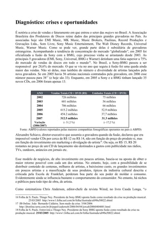 Diagnóstico: crises e oportunidades
É notória a crise de vendas e faturamento em que entrou o setor das majors no Brasil. A Associação
Brasileira dos Produtores de Discos reúne dados das principais grandes gravadoras no País. As
associadas hoje são EMI Music, MK Music, Music Brokers, Paulinas, Record Produções e
Gravações Ltda., Som Livre, Sony Music Entertainment, The Walt Disney Records, Universal
Music, Warner Music. Como se pode ver, grande parte delas é subsidiária de gravadoras
estrangeiras. Acompanhando a tendência de concentração do mercado “globalizado”, em 2005 foi
oficializada a fusão da Sony com a BMG, cujo processo vinha se arrastando desde 2003. As
principais 5 gravadoras (EMI, Sony, Universal, BMG e Warner) detinham uma fatia superior a 75%
do mercado de vendas de discos em todo o mundo16. No Brasil, a Sony-BMG passou a ser
responsável por 28,6% do mercado. O que se viu no ano que seguiu à fusão foi uma queda ainda
maior das vendas. Não só delas, mas também do número e diversidade de artistas lançados pela
nova gravadora. Se em 2005 havia 56 artistas nacionais contratados pela gravadora, em 2006 esse
númeor passou para 3817 (e hoje são 33). Enquanto, em 2005 a Sony e a BMG tinham lançado 35
novos CDs, em 2006 foram apenas 13.


                  ANO          Vendas Totais CD + DVD (R$)        Unidades Totais (CD + DVD)
                  2002                  726 milhões                        75 milhões
                  2003                  601 milhões                        56 milhões
                  2004                  706 milhões                        66 milhões
                  2005                 615.2 milhões                      52,9 milhões
                  2006                 454.2 milhões                      37,7 milhões
                  2007                 312.5 milhões                      31.3 milhões
                Variação                 (- 31,2 %)                         (- 17,2 %)
               (2006/2007)
   Fonte: ABPD (valores reportados pelas maiores companhias fonográficas operantes no país à ABPD)
Alexandre Schiavo, diretor-executivo que assumiu a gravadora quando da fusão, declarou que era
impossível vender CDs por cerca de R$ 12 ou R$ 14, não em função do preço do produto si, mas
em função do investimento em marketing e divulgação do artista18. Ou seja, os R$ 15, R$ 20
restantes no preço de um CD de lançamento são destinados a gastos com publicidade nas rádios,
TVs, outdoors, anúncios em jornais etc.

Esse modelo de negócios, de alto investimento em poucos artistas, baseia-se na aposta de obter o
maior retorno possível com cada um dos artistas. No entanto, hoje, com a possibilidade de se
distribuir conteúdo de centenas, milhares de artistas, a baixíssimo custo, os grandes investimentos
em poucos artistas e a massificação de seus produtos, típicos da indústria cultural descrita e
criticada pela Escola de Frankfurt, perderam boa parte do seu poder de moldar o consumo.
Evidentemente ainda se influencia bastante o comportamento do consumidor. No entanto, há nichos
e públicos para todo tipo de obra, de artista.

Como sistematizou Chris Anderson, editor-chefe da revista Wired, no livro Cauda Longa, “o

16 Folha de S. Paulo. Thiago Ney. Presidente da Sony BMG aponta fusão como resultado da crise na produção musical.
            25/03/2005 http://www1.folha.uol.com.br/folha/ilustrada/ult90u50022.shtml
17 JB Online. João Bernardo Caldeira. Sem medo da crise. 5/04/2006
   http://jbonline.terra.com.br/jb/papel/cadernob/2006/04/04/jorcab20060404001.html
18 Folha de S. Paulo. Entrevista a Thiago Ney. Presidente da Sony BMG aponta fusão como resultado da crise na
produção musical. 25/03/2005 http://www1.folha.uol.com.br/folha/ilustrada/ult90u50022.shtml
 