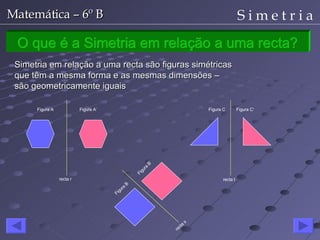 O que é a Simetria em relação a uma recta? Simetria em relação a uma recta são figuras simétricas que têm a mesma forma e as mesmas dimensões – são geometricamente iguais Figura A’ recta r Figura A Figura C recta t Figura C’ Figura B recta s Figura B’ 