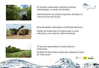 11
37 pessoas capacitadas em boas práticas e
restauração
Monitoramento das práticas agrícolas utilizadas na
cultura da cana-de-açúcar
9,5 hectares restaurados (utilizando diversas
metodologias ) e sendo monitorados
60 propriedades adequadas à certificação Bonsucro
Projeto de restauração em larga escala a custos
reduzidos e com ativo de carbono florestal
Portfólio de Boas Práticas Agrícolas adaptado à bacia
do Tietê-Jacaré
 