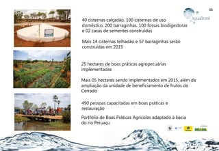 15
490 pessoas capacitadas em boas práticas e
restauração
40 cisternas calçadão, 100 cisternas de uso
doméstico, 200 barraginhas, 100 fossas biodigestoras
e 02 casas de sementes construídas
Mais 14 cisternas telhadão e 57 barraginhas serão
construídas em 2015
25 hectares de boas práticas agropecuárias
implementadas
Mais 05 hectares sendo implementados em 2015, além da
ampliação da unidade de beneficiamento de frutos do
Cerrado
Portfólio de Boas Práticas Agrícolas adaptado à bacia
do rio Peruaçu
 
