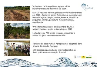 34 hectares de boas práticas agropecuárias
implementadas até dezembro de 2014
4
15 hectares de APP sendo cercadas impedindo o
acesso do gado nas áreas restauradas
97 hectares restaurados até dezembro de 2014
Mais 43 hectares sendo restaurados em 2015
Portfólio de Boas Práticas Agropecuárias adaptado para
a bacia do ribeirão Pipiripau
360 pessoas capacitadas ou informadas sobre as
boas práticas ou restauração florestal
Mais 20 hectares de boas práticas sendo implementadas
em 2015 – Pastoreio Voisin, fruticultura e olericultura em
transição agroecológica, adubação verde, criação de
pequenos animais, psicultura, melipolinicultura,
agrofloresta
 