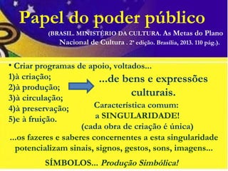 Papel do poder público
• Criar programas de apoio, voltados...
1)à criação;
2)à produção;
3)à circulação;
4)à preservação;
5)e à fruição.
(BRASIL. MINISTÉRIO DA CULTURA. As Metas do Plano
Nacional de Cultura . 2ª edição. Brasília, 2013. 110 pág.).
...de bens e expressões
culturais.
Característica comum:
a SINGULARIDADE!
(cada obra de criação é única)
...os fazeres e saberes concernentes a esta singularidade
potencializam sinais, signos, gestos, sons, imagens...
SÍMBOLOS... Produção Simbólica!
 