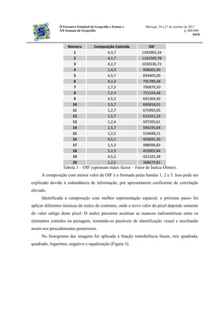 II Encontro Estadual de Geografia e Ensino e Maringá, 24 a 27 de outubro de 2011
XX Semana de Geografia p. 000-000
ISSN
Número Composição Colorida OIF
1 4,3,7 1392965,24
2 4,1,7 1163360,78
3 4,2,7 1030536,72
4 1,4,3 908683,90
5 4,5,7 834405,00
6 4,2,3 795789,48
7 1,7,3 790879,50
8 7,2.3 751324,48
9 4,5,3 691304,40
10 3,5,7 690818,01
11 1,2,7 675992,05
12 1,5,7 613161,25
13 1,2,4 597205,61
14 2,5,7 590195,64
15 1,2,3 519698,21
16 4,5,1 493695,30
17 1,5,3 488096,83
18 5,2,3 455003,84
19 4,5,2 421325,28
20 1,2,5 368679,81
Tabela 3 – OIF (optimum índex factor – Fator de Índice Ótimo).
A composição com menor valor de OIF é a formada pelas bandas 1, 2 e 5. Isso pode ser
explicado devido à redundância de informação, por apresentarem coeficiente de correlação
elevado.
Identificada a composição com melhor representação espacial, o próximo passo foi
aplicar diferentes técnicas de realce de contraste, onde o novo valor do pixel depende somente
do valor antigo deste pixel. O realce procurou acentuar as nuances radiométricas entre os
elementos contidos na paisagem, tornando-os passíveis de identificação visual e auxiliando
assim nos procedimentos posteriores.
No histograma das imagens foi aplicada a função transferência linear, raiz quadrada,
quadrado, logaritmo, negativo e equalização (Figura 3).
 
