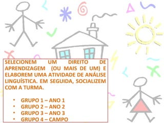 SELECIONEM UM DIREITO DE
APRENDIZAGEM (OU MAIS DE UM) E
ELABOREM UMA ATIVIDADE DE ANÁLISE
LINGUÍSTICA. EM SEGUIDA, SOCIALIZEM
COM A TURMA.
• GRUPO 1 – ANO 1
• GRUPO 2 – ANO 2
• GRUPO 3 – ANO 3
• GRUPO 4 – CAMPO
 