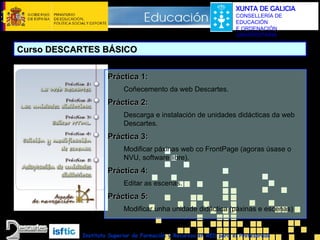 XUNTA DE GALICIA
CONSELLERÍA DE
EDUCACIÓN
E ORDENACIÓN
UNIVERSITARIA

Curso DESCARTES BÁSICO
Práctica 1:
Coñecemento da web Descartes.

Práctica 2:
Descarga e instalación de unidades didácticas da web
Descartes.

Práctica 3:
Modificar páxinas web co FrontPage (agoras úsase o
NVU, software libre).

Práctica 4:
Editar as escenas.

Práctica 5:
Modificar unha unidade didáctica (páxinas e escenas)

Instituto Superior de Formación y Recursos en RED para el Profesorado

 