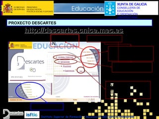 XUNTA DE GALICIA
CONSELLERÍA DE
EDUCACIÓN
E ORDENACIÓN
UNIVERSITARIA

PROXECTO DESCARTES

http://descartes.cnice.mec.es
FORMACIÓ
N

ELABORACIÓN
Unidades
Didácticas

(Grupo Descartes)

Aplicacións

(Curso Descartes 2)

Experimentación con
Descartes na
Aula
NAVEGACIÓN
Instituto Superior de Formación y Recursos en RED para el Profesorado

 