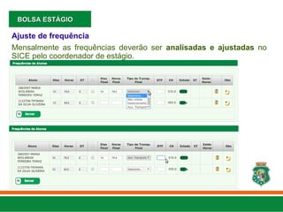 Ajuste de frequência
Mensalmente as frequências deverão ser analisadas e ajustadas no
SICE pelo coordenador de estágio.
BOLSA ESTÁGIO
BOLSA ESTÁGIO
 