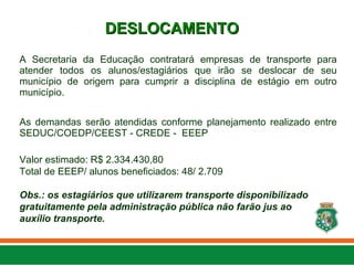 A Secretaria da Educação contratará empresas de transporte para
atender todos os alunos/estagiários que irão se deslocar de seu
município de origem para cumprir a disciplina de estágio em outro
município.
As demandas serão atendidas conforme planejamento realizado entre
SEDUC/COEDP/CEEST - CREDE - EEEP
Valor estimado: R$ 2.334.430,80
Total de EEEP/ alunos beneficiados: 48/ 2.709
Obs.: os estagiários que utilizarem transporte disponibilizado
gratuitamente pela administração pública não farão jus ao
auxílio transporte.
DESLOCAMENTO
DESLOCAMENTO
 