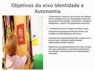  Experimentar e utilizar os recursos de que dispõem
para a satisfação de suas necessidades essenciais,
expressando seus desejos, sentimentos, vontades e
desagrados, e agindo com progressiva autonomia.
 Familiarizar-se com a imagem do próprio corpo,
conhecendo progressivamente seus limites, sua
unidade e as sensações que ele produz.
 Interessar-se progressivamente pelo cuidado com o
próprio corpo, executando ações simples
relacionadas à saúde e higiene
 Relacionar-se progressivamente com mais crianças,
com seus professores e com demais profissionais
da instituição, demonstrando suas necessidades e
interesses.
 