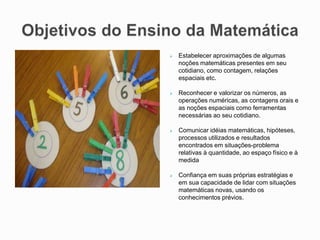  Estabelecer aproximações de algumas
noções matemáticas presentes em seu
cotidiano, como contagem, relações
espaciais etc.
 Reconhecer e valorizar os números, as
operações numéricas, as contagens orais e
as noções espaciais como ferramentas
necessárias ao seu cotidiano.
 Comunicar idéias matemáticas, hipóteses,
processos utilizados e resultados
encontrados em situações-problema
relativas à quantidade, ao espaço físico e à
medida
 Confiança em suas próprias estratégias e
em sua capacidade de lidar com situações
matemáticas novas, usando os
conhecimentos prévios.
 