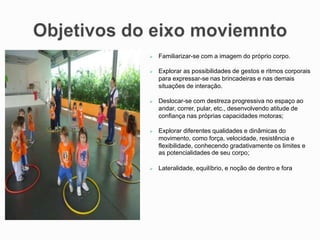  Familiarizar-se com a imagem do próprio corpo.
 Explorar as possibilidades de gestos e ritmos corporais
para expressar-se nas brincadeiras e nas demais
situações de interação.
 Deslocar-se com destreza progressiva no espaço ao
andar, correr, pular, etc., desenvolvendo atitude de
confiança nas próprias capacidades motoras;
 Explorar diferentes qualidades e dinâmicas do
movimento, como força, velocidade, resistência e
flexibilidade, conhecendo gradativamente os limites e
as potencialidades de seu corpo;
 Lateralidade, equilíbrio, e noção de dentro e fora
 