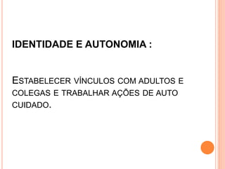 IDENTIDADE E AUTONOMIA :
ESTABELECER VÍNCULOS COM ADULTOS E
COLEGAS E TRABALHAR AÇÕES DE AUTO
CUIDADO.
 