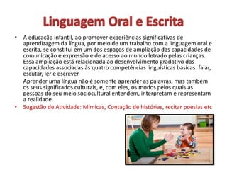 • A educação infantil, ao promover experiências significativas de
aprendizagem da língua, por meio de um trabalho com a linguagem oral e
escrita, se constitui em um dos espaços de ampliação das capacidades de
comunicação e expressão e de acesso ao mundo letrado pelas crianças.
Essa ampliação está relacionada ao desenvolvimento gradativo das
capacidades associadas às quatro competências linguísticas básicas: falar,
escutar, ler e escrever.
Aprender uma língua não é somente aprender as palavras, mas também
os seus significados culturais, e, com eles, os modos pelos quais as
pessoas do seu meio sociocultural entendem, interpretam e representam
a realidade.
• Sugestão de Atividade: Mímicas, Contação de histórias, recitar poesias etc
 