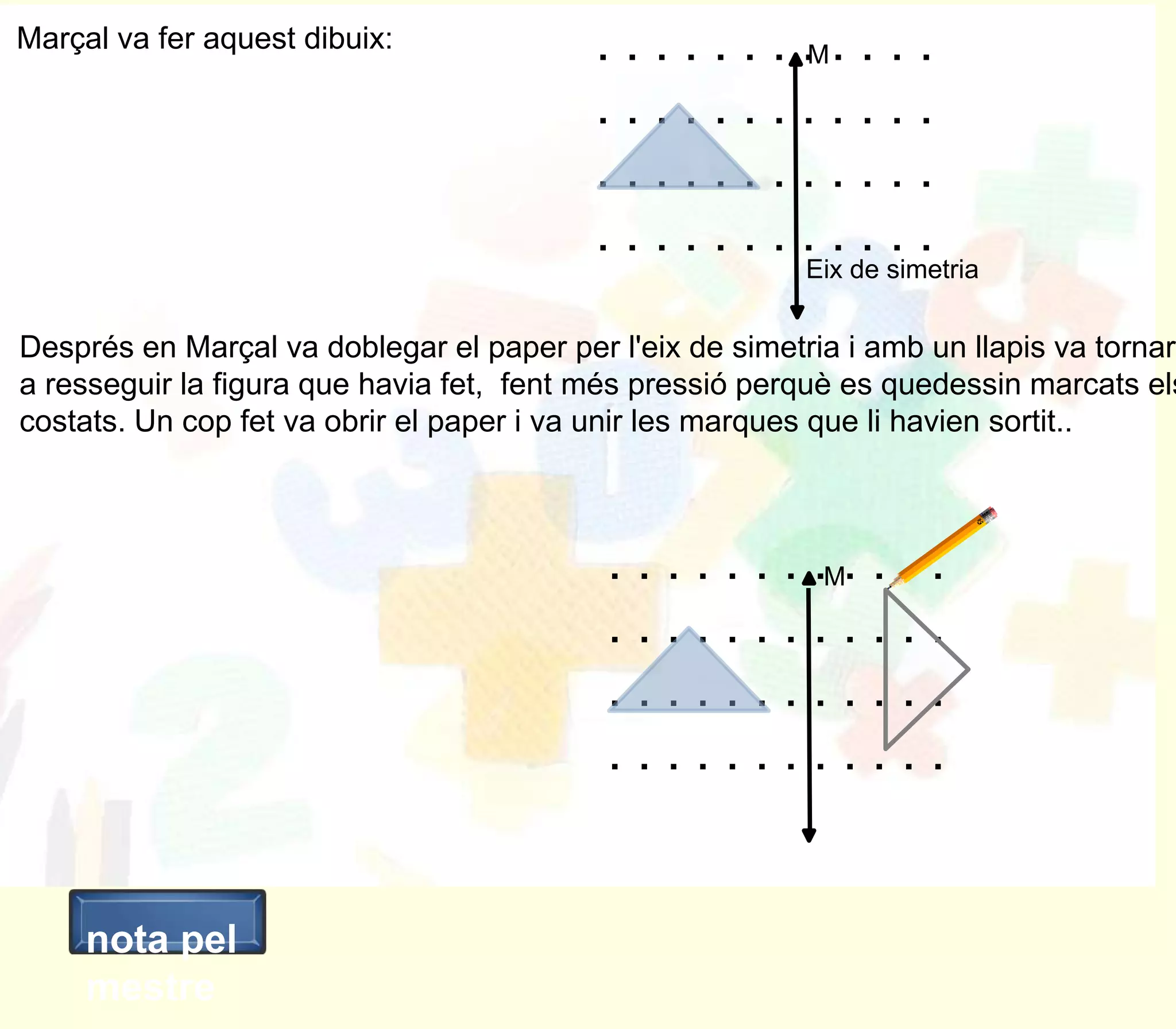 Marçal va fer aquest dibuix:              . . . . . . . .M. . . .
                                          ............
                                          ............
                                          ............
                                                         Eix de simetria

Després en Marçal va doblegar el paper per l'eix de simetria i amb un llapis va tornar
a resseguir la figura que havia fet, fent més pressió perquè es quedessin marcats els
costats. Un cop fet va obrir el paper i va unir les marques que li havien sortit..



                                           . . . . . . . .M. . . .
                                           ............
                                           ............
                                           ............


     nota pel
     mestre
 