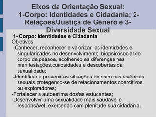 Eixos da Orientação Sexual:
   1-Corpo: Identidades e Cidadania; 2-
     Relações/Justiça de Gênero e 3-
           Diversidade Sexual
 1- Corpo: Identidades e Cidadania
Objetivos:
 -Conhecer, reconhecer e valorizar as identidades e
   singularidades no desenvolvimento biopsicosocial do
   corpo da pessoa, acolhendo as diferenças nas
   manifestações,curiosidades e descobertas da
   sexualidade;
 -Identificar e prevenir as situações de risco nas vivências
   sexuais,protegendo-se de relacionamentos coercitivos
   ou exploradores;
-Fortalecer a autoestima dos/as estudantes;
-Desenvolver uma sexualidade mais saudável e
   responsável, exercendo com plenitude sua cidadania.
 