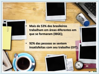 •Mais de 53% dos brasileiros trabalham em áreas diferentes em que se formaram (IBGE); 
•92% das pessoas se sentem insatisfeitas com seu trabalho (OIT).  