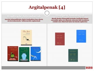 Argitalpenak [4]

   Itzultzaile Aitzindariak                                       Itzulpen Antologiak
                                                             Bizirik dauden belaunaldi horietako itzultzaile batzuei
Aurreko belaunaldietako idazle-itzultzaileen lana aitortu
                                                            omenaldia egitea eta elkarteko ohorezko kide izendatzea
   eta berreskuratzeko helburuarekin argitaratuak
                                                              erabaki zuen elkarteak haien lan batzuk argitaratuz
 