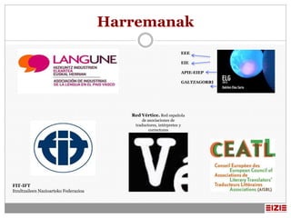 Harremanak
                                                                        EEE

                                                                        EIE

                                                                        APIE-EIEP

                                                                        GALTZAGORRI




                                          Red Vértice. Red española
                                               de asociaciones de
                                           traductores, intérpretes y
                                                   correctores




FIT-IFT
Itzultzaileen Nazioarteko Federazioa
 