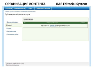 ОРГАНИЗАЦИЯ КОНТЕНТА   RAE Editorial System
 