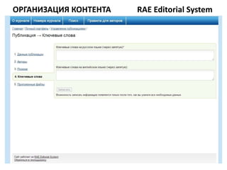 ОРГАНИЗАЦИЯ КОНТЕНТА   RAE Editorial System
 