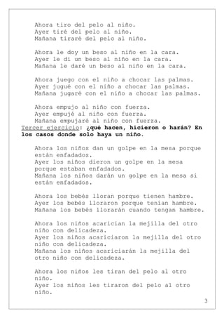 Ahora tiro del pelo al niño.
   Ayer tiré del pelo al niño.
   Mañana tiraré del pelo al niño.

   Ahora le doy un beso al niño en la cara.
   Ayer le di un beso al niño en la cara.
   Mañana le daré un beso al niño en la cara.

   Ahora juego con el niño a chocar las palmas.
   Ayer jugué con el niño a chocar las palmas.
   Mañana jugaré con el niño a chocar las palmas.

    Ahora empujo al niño con fuerza.
    Ayer empujé al niño con fuerza.
    Mañana empujaré al niño con fuerza.
Tercer ejercicio: ¿qué hacen, hicieron o harán? En
los casos donde solo haya un niño.

   Ahora los niños dan un golpe en la mesa porque
   están enfadados.
   Ayer los niños dieron un golpe en la mesa
   porque estaban enfadados.
   Mañana los niños darán un golpe en la mesa si
   están enfadados.

   Ahora los bebés lloran porque tienen hambre.
   Ayer los bebés lloraron porque tenían hambre.
   Mañana los bebés llorarán cuando tengan hambre.

   Ahora los niños acarician la mejilla del otro
   niño con delicadeza.
   Ayer los niños acariciaron la mejilla del otro
   niño con delicadeza.
   Mañana los niños acariciarán la mejilla del
   otro niño con delicadeza.

   Ahora los niños les tiran del pelo al otro
   niño.
   Ayer los niños les tiraron del pelo al otro
   niño.
                                                     3
 