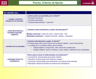 III                                     Precios. Criterios de fijación



 En relación con…
                                “¿Cómo quiero ser percibido por el cliente?”
                                 Empresa económica.
   …..imagen y posición
                                 Empresa generalista.
  empresa en el mercado.
                                 Empresa especializada o “gourmet”



                                “¿Cuánto cuesta el producto y cuánto necesito ganar?”
   … coste del producto y
    resultado esperado
         (objetivo)             Margen comercial = precio de venta – precio coste – IVA
                                Resultado económico = margen comercial – gastos – impuestos.


                                “¿Cuánto está dispuesto a pagar el cliente?”
                                 El cliente paga más cuanto mayor sea la relación calidad – precio del producto.
                                 La calidad es un concepto relativo para el cliente:
 … beneficio de la actividad.
                                      • Calidad objetiva: composición, valor nutricional, prestaciones.
                                      • Calidad subjetiva: marca, confianza, moda, estatus, satisfacción de necesidades.


                                “Cómo quiero actuar en determinadas circunstancias?”
                                 Lanzamiento: precios bajos para atraer clientes.
   …estrategia frente a la       Disuasión: precios bajos como defensa o ataque.
      competencia.               Promoción: precios bajos para aprovechar una coyuntura de mercado.
                                 Monopolio: fijación de precios en ausencia de competencia
 