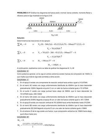 174
PROBLEMA 5.17 Graficar los diagramas de fuerza axial o normal, fuerza cortante, momento flector y
refuerzo para la viga mostrada en la figura 5.45
Fig. 5.45
Solución:
Determinamos las reacciones en los apoyos:
  0MA  0)5,13(37sen180)75,6).(5,13.(45)6,3.(360)9.(V o
B 
 kN625,761VB
  0FY  037sen180)5,13.(45360625,761V o
A 
 kN875,313VA
  0FX  037cos180H o
A 
 kN144HA
A continuación, explicamos como se debe de graficar los diagramas N, V y M
DIAGRAMA “N”:
Como podemos apreciar, en la viga en ambos extremos existen fuerzas de compresión de 144kN, lo
que implica que toda la viga está sometida a dicha acción.
DIAGRAMA “V”:
1. En el apoyo A existe una componente de reacción vertical hacia arriba e igual a 313,875kN
2. En el tramo AC existe una carga uniformemente distribuida de 45kN/m que lo hace descender
gradualmente 162kN, llegando al punto C con un valor de fuerza cortante igual a 151,875kN
3. En el punto C existe una carga puntual hacia abajo de 360kN, que lo hace descender de
151,875kN hasta -208,125kN
4. En el tramo CB existe una carga uniformemente distribuida de 45kN/m que lo hace descender
gradualmente 243kN, llegando al apoyo B con un valor de fuerza cortante igual a -451,125kN
5. En el apoyo B existe una reacción vertical de 761,625kN hacia arriba llevándolo hasta 310,5kN
6. En el tramo BD existe una carga uniformemente distribuida de 45kN/m que lo hace descender
gradualmente 202,5kN llegando al punto D con una valor de fuerza cortante igual a 108kN
7. En el extremo D de la viga existe una fuerza, cuya componente vertical es de 108kN hacia abajo,
que lo lleva hasta cero.
DIAGRAMA “M”:
0MA 
m.kN35,838
2
)6,3).(875,151875,313(
MC 


 