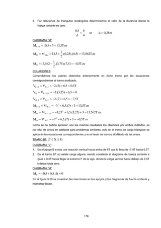 178
3. Por relaciones de triángulos rectángulos determinamos el valor de la distancia donde la
fuerza cortante es cero.
4
8
d
5,0
  m25,0d 
DIAGRAMA “M”:
m.T5,1335,10M 0C 
m.T562,13)5,0).(25,0.(
2
1
5,13MM máxH 
m.T5,0)5,7).(75,3.(
2
1
562,13MB 
ECUACIONES:
Comprobamos los valores obtenidos anteriormente en dicho tramo por las ecuaciones
correspondientes al tramo analizado.
T5,05,6)3.(2VV 3X0C  
05,6)25,3.(2VV 25,3XH  
T5,75,6)7.(2VV 7X0B  
m.T5,133)3.(5,63MM 2
3X0C  
m.T562,133)25,3.(5,625,3MM 2
25,3XH  
m.T5,03)7.(5,67MM 2
7XB  
Como se ha podido apreciar, son los mismos resultados los obtenidos por ambos métodos, es
por ello, de ahora en adelante para problemas similares, solo en el tramo de carga triangular se
aplicarán las ecuaciones correspondientes y en el resto de tramos el Método de las áreas.
TRAMO BF )8X7( 
DIAGRAMA “V”:
1. En el apoyo B existe una reacción vertical hacia arriba de 8T que lo lleva de -7,5T hasta 0,5T
2. En el tramo BF no existe carga alguna, siendo constante el diagrama de fuerza cortante e
igual a 0,5T hasta llegar al extremo F de la viga, donde la carga vertical hacia debajo de 0,5T
lo lleva hasta cero.
DIAGRAMA “M”:
0)1.(5,05,0MF 
En la figura 5.50 se muestran las reacciones en los apoyos y los diagramas de fuerza cortante y
momento flector.
 