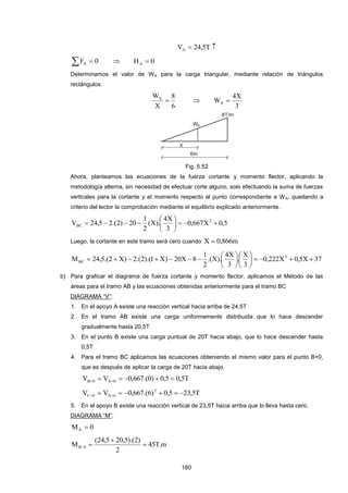 180
 T5,24VA
  0FX  0HA 
Determinamos el valor de WX para la carga triangular, mediante relación de triángulos
rectángulos.
6
8
X
WX
 
3
X4
WX 
Fig. 5.52
Ahora, planteamos las ecuaciones de la fuerza cortante y momento flector, aplicando la
metodología alterna, sin necesidad de efectuar corte alguno, solo efectuando la suma de fuerzas
verticales para la cortante y el momento respecto al punto correspondiente a WX, quedando a
criterio del lector la comprobación mediante el equilibrio explicado anteriormente.
5,0X667,0
3
X4
).X(
2
1
20)2.(25,24V 2
BC 






Luego, la cortante en este tramo será cero cuando m866,0X 
37X5,0X222,0
3
X
.
3
X4
).X.(
2
1
8X20)X1).(2.(2)X2.(5,24M 3
BC 












b) Para graficar el diagrama de fuerza cortante y momento flector, aplicamos el Método de las
áreas para el tramo AB y las ecuaciones obtenidas anteriormente para el tramo BC
DIAGRAMA “V”:
1. En el apoyo A existe una reacción vertical hacia arriba de 24,5T
2. En el tramo AB existe una carga uniformemente distribuida que lo hace descender
gradualmente hasta 20,5T
3. En el punto B existe una carga puntual de 20T hacia abajo, que lo hace descender hasta
0,5T
4. Para el tramo BC aplicamos las ecuaciones obteniendo el mismo valor para el punto B+0,
que es después de aplicar la carga de 20T hacia abajo.
T5,05,0)0.(667,0VV 0X0B  
T5,235,0)6.(667,0VV 2
6X0C  
5. En el apoyo B existe una reacción vertical de 23,5T hacia arriba que lo lleva hasta cero.
DIAGRAMA “M”:
0MA 
m.T45
2
)2).(5,205,24(
M 0B 


 