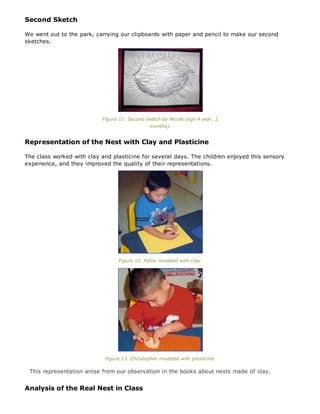 Second Sketch
We went out to the park, carrying our clipboards with paper and pencil to make our second
sketches.
Figure 11. Second sketch by Nicole (age 4 year, 2
months).
Representation of the Nest with Clay and Plasticine
The class worked with clay and plasticine for several days. The children enjoyed this sensory
experience, and they improved the quality of their representations.
Figure 12. Pablo modeled with clay.
Figure 13. Christopher modeled with plasticine.
This representation arose from our observation in the books about nests made of clay.
Analysis of the Real Nest in Class
 
