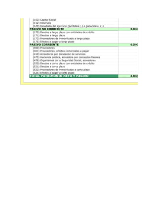 (102) Capital Social
 (112) Reservas
 (129) Resultado del ejercicio {pérdidas (-) o ganancias (+)}
PASIVO NO CORRIENTE                                             0.00 €
 (170)   Deudas a largo plazo con entidades de crédito
 (171)   Deudas a largo plazo
 (173)   Proveedores de inmovilizado a largo plazo
 (175)   Efectos a pagar a largo plazo
PASIVO CORRIENTE                                                0.00 €
 (400)   Proveedores
 (401)   Proveedores, efectos comerciales a pagar
 (410)   Acreedores por prestación de servicios
 (475)   Hacienda pública, acreedora por conceptos fiscales
 (476)   Organismos de la Seguridad Social, acreedores
 (520)   Deudas a corto plazo con entidades de crédito
 (521)   Deudas a corto plazo
 (523)   Proveedores de inmovilizado a corto plazo
 (525)   Efectos a pagar a corto plazo
TOTAL PATRIMONIO NETO Y PASIVO                                  0.00 €
 