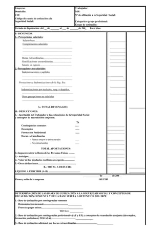 Empresa:                                                                                   Trabajador:
Domicilio:                                                                                 NIF:
CIF:                                                                                       Nº de afiliación a la Seguridad Social:
Código de cuenta de cotización a la
Seguridad Social:                                       Categoría o grupo profesional:
                                                        Grupo de cotización:
Período de liquidación: del __ de _______ al ___ de _______de 200_ Total días:

I.- DEVENGOS:
1.- Percepciones salariales:
        Salario base..........................................................                                              _____________
        Complementos salariales
        ..............................................................................                                      _____________
        ..............................................................................                                      _____________
        ..............................................................................                                      _____________
       Horas extraordinarias............................................                                                    _____________
       Gratificaciones extraordinarias.............................                                                         _____________
       Salario en especie..................................................                                                 _____________
2.-Percepciones no salariales:
       Indemnizaciones o suplidos
       ...............................................................................                                   _____________
       ...............................................................................                                     _____________
    Prestaciones e Indemnizaciones de la Seg. Soc.
       ...............................................................................                                      _____________
      Indemnizaciones por traslados, susp. o despidos.
       ................................................................................                                     _____________
       Otras percepciones no salariales
       .................................................................................                                    _____________

                                  A.- TOTAL DEVENGADO:                                                                                      _____________
II.- DEDUCCIONES.
1.- Aportación del trabajador a las cotizaciones de la Seguridad Social
y conceptos de recaudación conjunta:
                                                                                              %
         Contingencias comunes                                                             ......                        ______________
         Desempleo                                                                          ......                       ______________
         Formación Profesional                                                              ......                       ______________
         Horas extraordinarias
                 - Fuerza mayor o estructurales                                            ......                        ______________
                 - No estructurales                                                        ......                        ______________

                                       TOTAL APORTACIONES:                                                               ______________
2.-Impuesto sobre la Renta de las Personas Físicas ….....                                                                ______________
3.- Anticipos..........................................................................                                  ______________
4.- Valor de los productos recibidos en especie.................                                                         ______________
5.- Otras deducciones............................................................                                        ______________
                                     B.- TOTAL A DEDUCIR:                                                                                   _____________
LÍQUIDO A PERCIBIR (A-B) ..................................................                                                                 _____________
                                                                                                     _____________ de_______ de 200__
Firma y sello de la empresa                                                                                       RECIBÍ




DETERMINACIÓN DE LAS BASES DE COTIZACIÓN A LA SEGURIDAD SOCIAL Y CONCEPTOS DE
RECAUDACIÓN CONJUNTA Y DE LA BASE SUJETA A RETENCIÓN DEL IRPF.
1.- Base de cotización por contingencias comunes
    Remuneración mensual.......................................___________
    Prorrata pagas extras............................................___________
                                                      TOTAL: ___________
2.- Base de cotización por contingencias profesionales (AT y EP) y conceptos de recaudación conjunta (desempleo,
formación profesional, FOGASA).......................................______________
3.- Base de cotización adicional por horas extraordinarias................................._____________
 