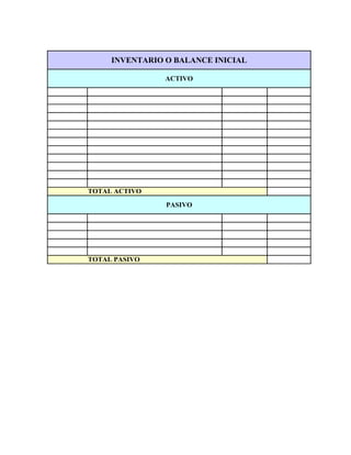 INVENTARIO O BALANCE INICIAL

                ACTIVO




TOTAL ACTIVO
                PASIVO




TOTAL PASIVO
 