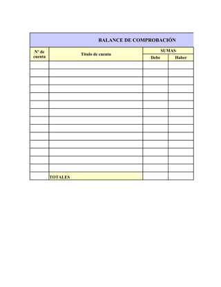 BALANCE DE COMPROBACIÓN

 Nº de                                            SUMAS
                   Título de cuenta
cuenta                                     Debe       Haber




         TOTALES
 